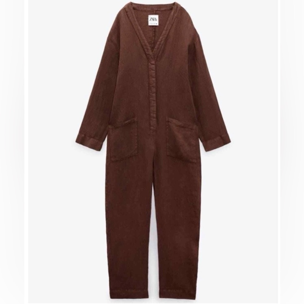 Zara Chocolate Brown Long Sleeve 100 Linen Jumpsuit🤎